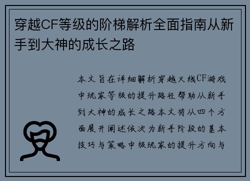 穿越CF等级的阶梯解析全面指南从新手到大神的成长之路